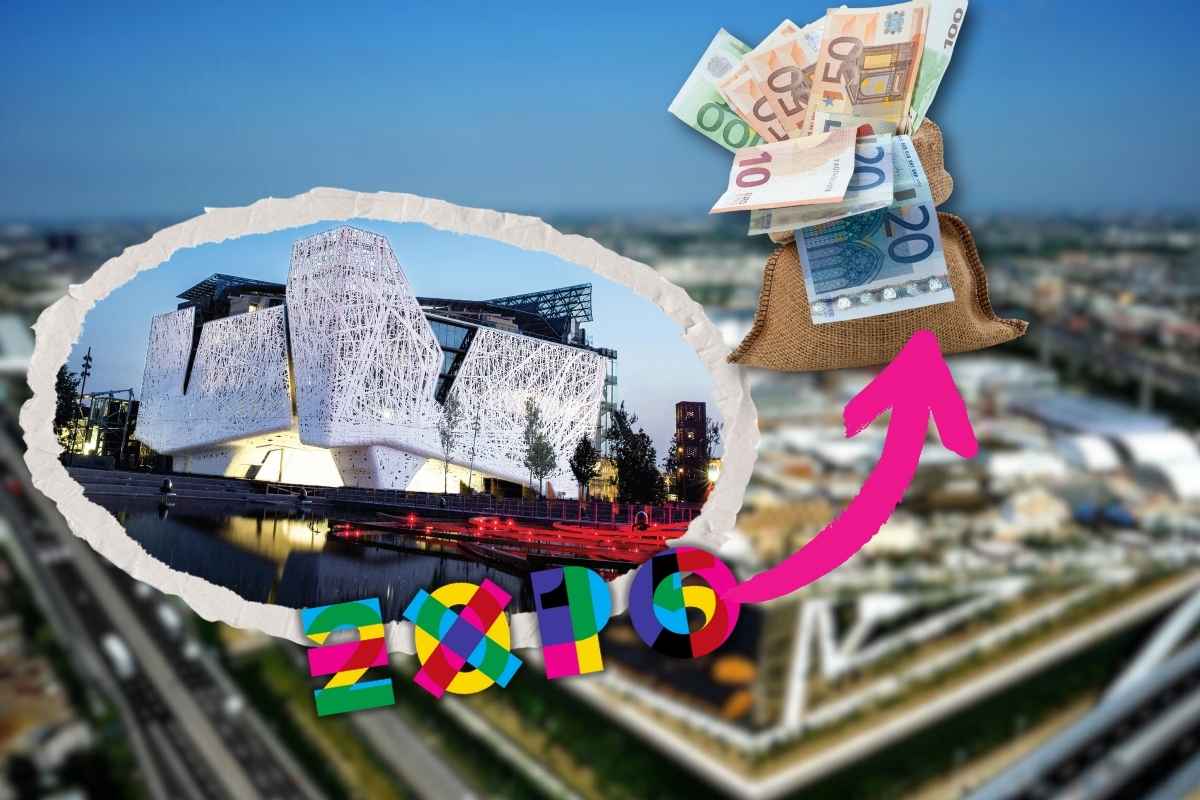 immagine di expo 2015 vista dall'alto come sfondo, altra immagine di expo, logo expo e sacchetto di soldi