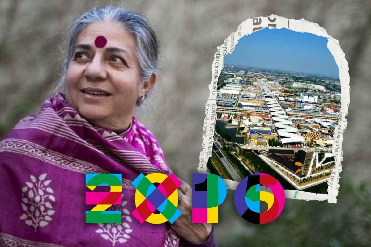 Vandana Shiva come sfondo, logo expo 2015, immagine scontornata di expo 2015