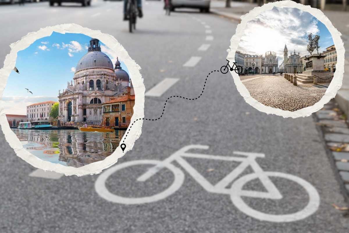 Pista ciclabile sfocata come sfondo, con foto di Venezia e Torino collegata da una pista ciclabile