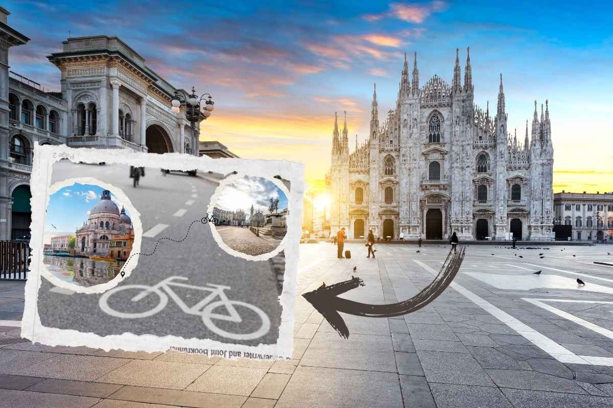 Duomo di Milano in sfondo e foto rappresentante la pista ciclabile che collega Torino e Venezia